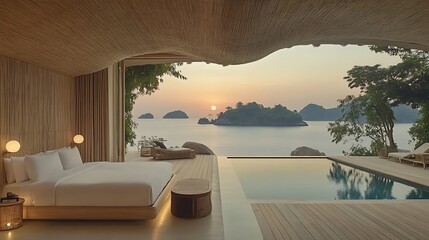 Oceanfront bedroom with private pool and sunset view.
