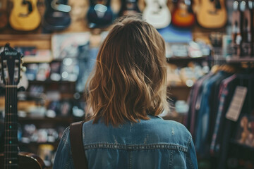 Obraz premium Generative AI image of hipster person in vintage music shop with retro vinyl records and tapes collection