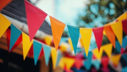 Colorful bunting hanging on the roof of an outdoor party, featuring vibrant triangular flags in reds, yellows, and blues, creating a festive atmosphere for summer events or celebrations Generative AI