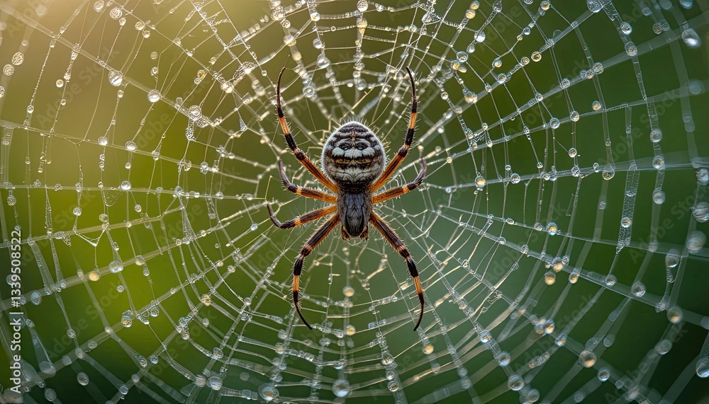 Wall mural a close-up of a spider using morning dew to weave a complex web