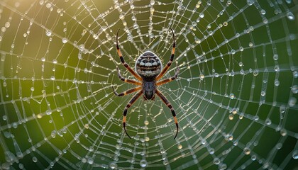 A close-up of a spider using morning dew to weave a complex web