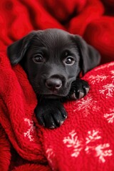 Black puppy on red blanket