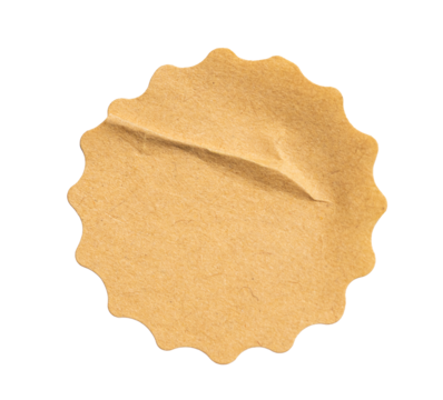 Recycled crumpled sticker paper cardboard price tag sticker with copy space, featuring a cutout transparent background for easy integration into designs