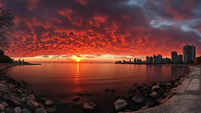 Stunning sunset over a tranquil lake with vibrant clouds and city skyline in the background