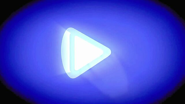 Hand cursor clicking glowing play button icon, digital pointer press animation on blue screen background, interactive multimedia start symbol, web interface mockup template for video streaming and onl