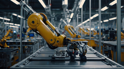 A futuristic robotic arm assembling components on a smart factory assembly line