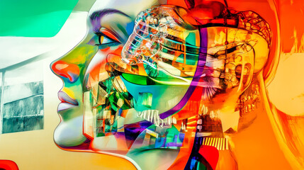 Abstract artwork of colorful human face with technology elements