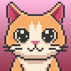 Adorable pixel art illustration of an orange and white cat featuring charming big eyes. This delightful design brings a touch of retro sweetness.