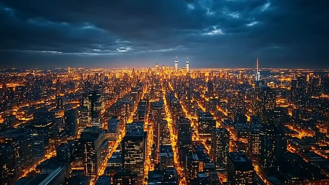 Aerial view of a vibrant city skyline at dusk, showcasing illuminated streets and skyscrapers