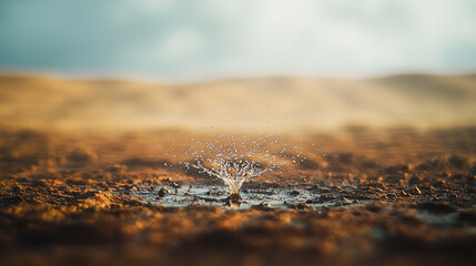 Water droplets create ripples on parched earth after a refreshing rainfall in the desert