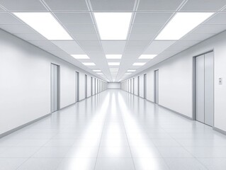 Bright white office hallway with elevators and tiled floor creating a sense of depth and perspective modern and clean architecture interior design