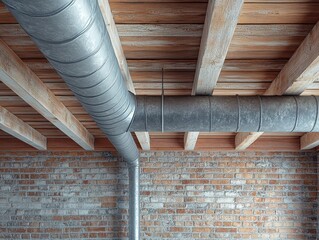 Industrial Interior with Metal Ductwork and Rustic Brick Wall Vintage Style Architecture and Wood Ceiling Beams for Ventilation System
