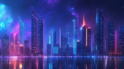 Obraz premium Futuristic city skyline with vibrant lights reflecting on water.