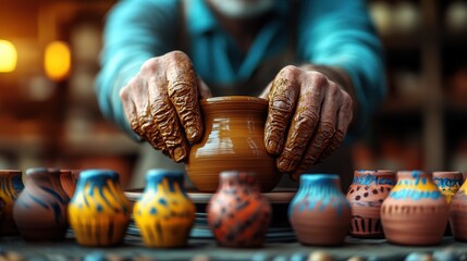 A skilled potter shapes a clay pot with intricate designs among colorful pottery, showcasing craftsmanship and artistry in a lively artisan studio filled with creativity.