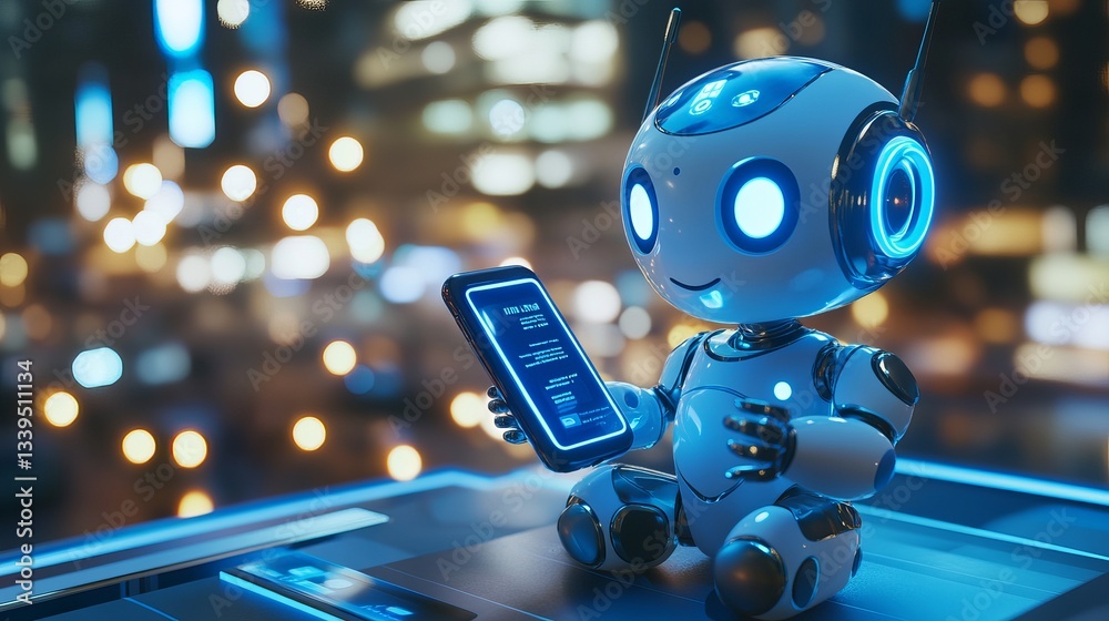 Wall mural a blue robot character interacts with a smartphone showcasing ai and daily technology ideal for futu