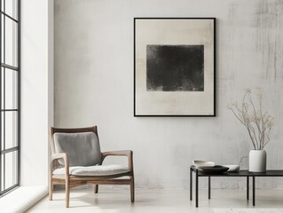 A modern living room interior with art and minimalist furniture