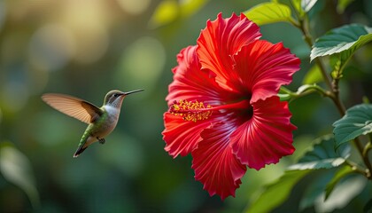 A red hibiscus blossom in bloom with a hummingbird hovering nearby