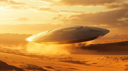 A futuristic flying saucer hovering over a sandy landscape.