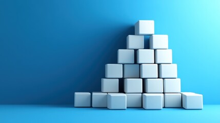 White cubes stacked in pyramid shape against a blue background