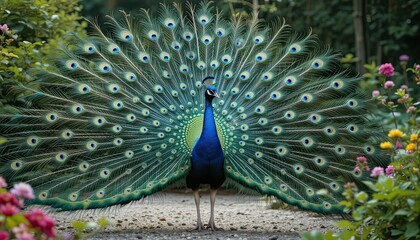 Obraz premium In a lovely garden, a showy peacock spreads its brilliant feathers.-
