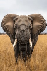 Fototapeta premium Majestic African Elephant Portrait in Golden Savannah Grassland Capturing Wildlife Beauty and Power in Natural Habitat