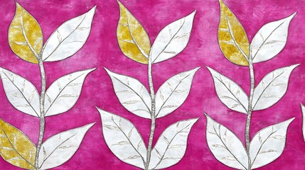 Obraz premium Decorative floral design featuring stylized leaves and vibrant pink background