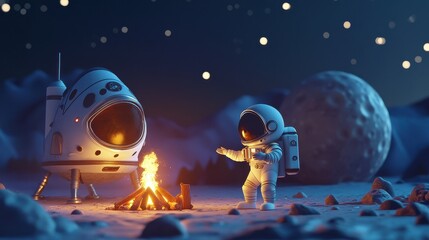 Naklejka premium Astronauts camping under stars on a distant moon.