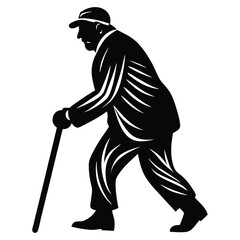 Old man walking and relying on a cane, black color vector silhouette, Silhouette of an old man, with a cane