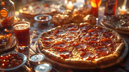A party table with multiple pepperoni pizzas, soda cans, and dipping sauces, creating a fun, casual dining atmosphere.
