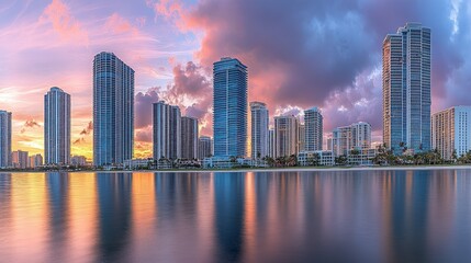 Fototapeta premium Panoramic view of a vibrant sunset over a city skyline reflected in calm water.