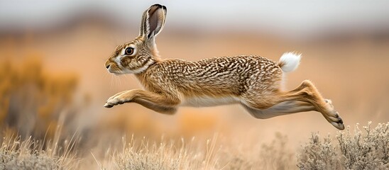 Fototapeta premium A desert hare leaping across sparse vegetation, captured mid-motion with a dynamic focus on its movements