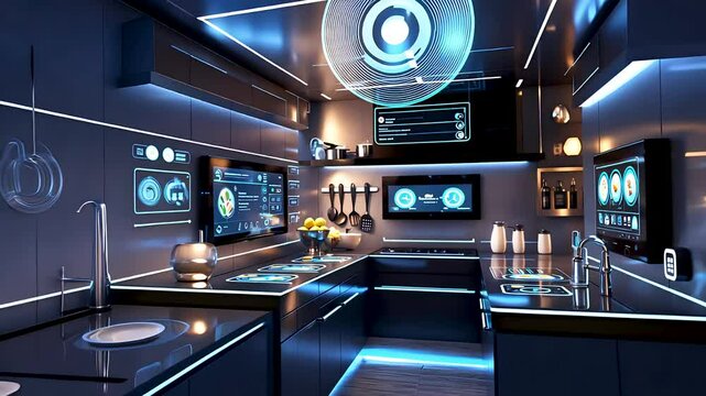 Futuristic luxury kitchen interior design featuring smart technology, sleek surfaces, neon lighting

