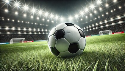 Fototapeta premium a soccer ball on a lush green field with stadium floodlights in the background