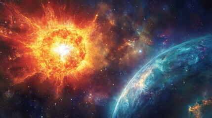 Obraz premium A vibrant depiction of a planet and a bright star in space