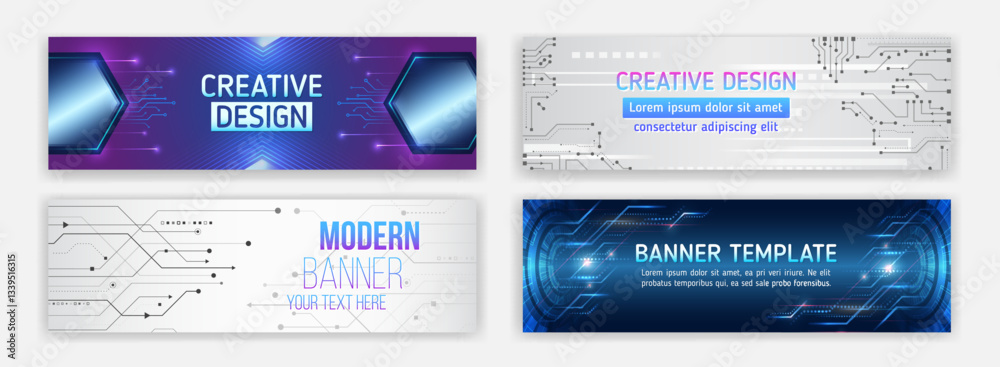 Poster Modern banner design with technology element. Data protection, internet communication, science, big data, cover design set. Sci-fi vector sample concept. High-tech horizontal banner template.