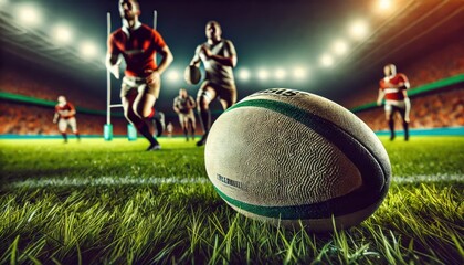a rugby ball resting on a grassy field, with players running in the blurred background under stadium lights.
