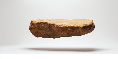A solitary brown rock hovers against a white background gracefully