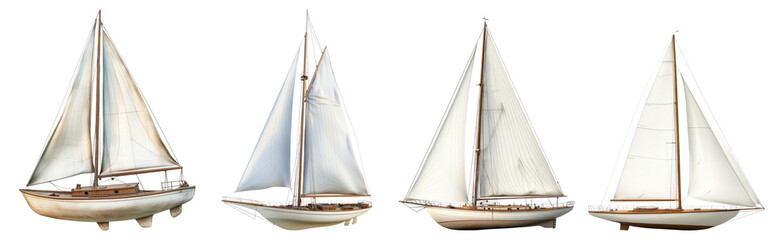 Obraz premium Collection of Classic Sailboats with White Sails on Transparent Background, Isolated on Transparent Background