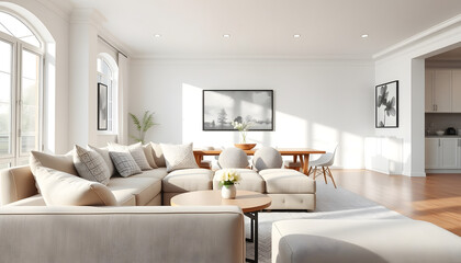 Side angle of a corner sofa with pillows, table and dining table with chairs behind in a bright living room interior , with white tonespng
