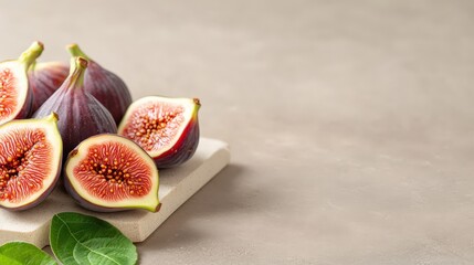 An artistic arrangement of ripe figs cut in half displays their juicy and intricate interiors, making them a captivating focal point for food and nature lovers alike.