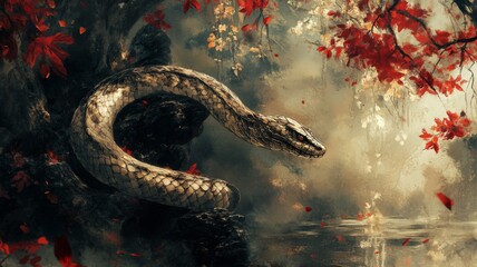Obraz premium Serpentine Guardian of Autumnal Waters