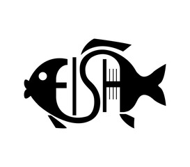 Fish logo. The word Fish is written in the form of a silhouette of a fish. The logo is made in black. Stock vector illustration isolated on a white background