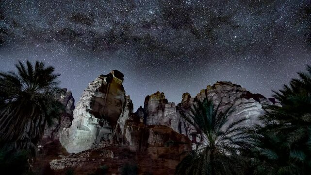 Time lapse of night stars milky way in Wadi Disah, with beautiful rock and date tree in Oasis,  Tabuk,  Saudi Arabia