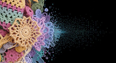 Crochet Designs Merging with Digital Binary Stream on Black Background