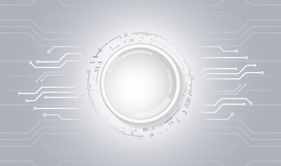Abstract grey high tech background consisting of printed circuit board circles and other technological elements. Digital communication, data protection, futuristic presentation, science cover.