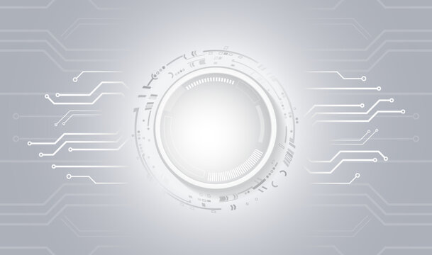 Abstract grey high tech background consisting of printed circuit board circles and other technological elements. Digital communication, data protection, futuristic presentation, science cover.