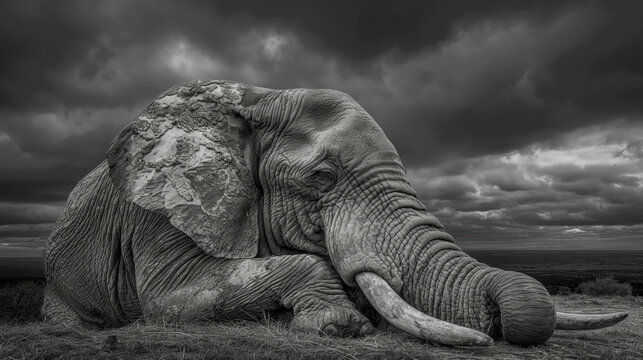Final Breath of a Dying Elephant Monochrome Wildlife Photography Deeply Emotional Scene End of Life Majestic Grace Honoring Ancient Wisdom Poignant Moment Reflecting Fragile Bonds And Nature Hope
