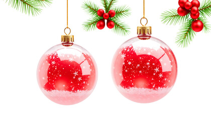 Transparent and Red Christmas ball with snow effect set. Xmas glass ball on white background. Holiday decoration template. Vector illustration , with white tonespng