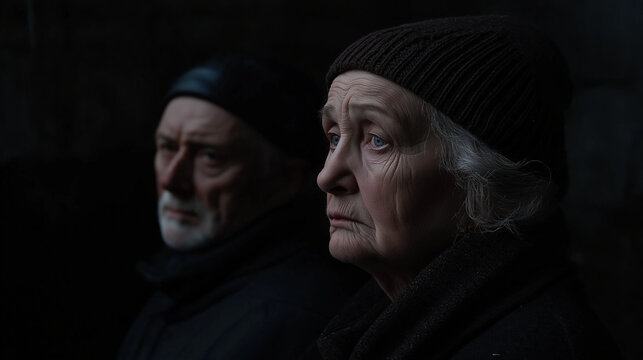 Elderly couple in dark clothing sitting in a dimly lit environment, reflecting on their suffering.
