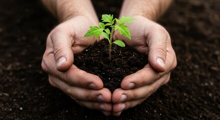 Holding Young Plant Sprout in Hands with Soil for Growth Concept